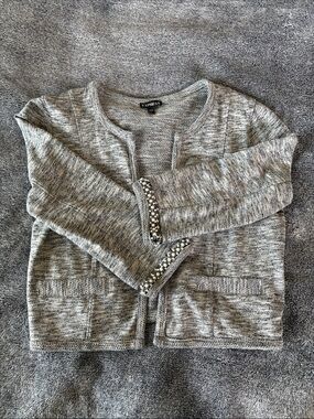 Small Express Gray Knit Crop Open-Front Cardigan with Beaded Cuff